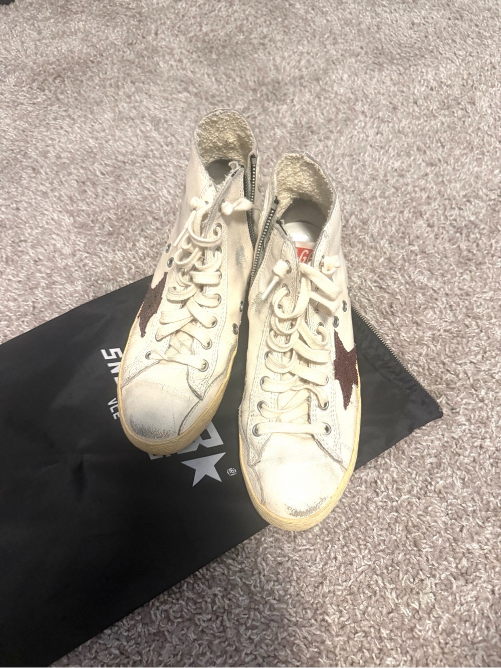 Golden Goose Off-White High-Top Sneakers with Brown Star Accent